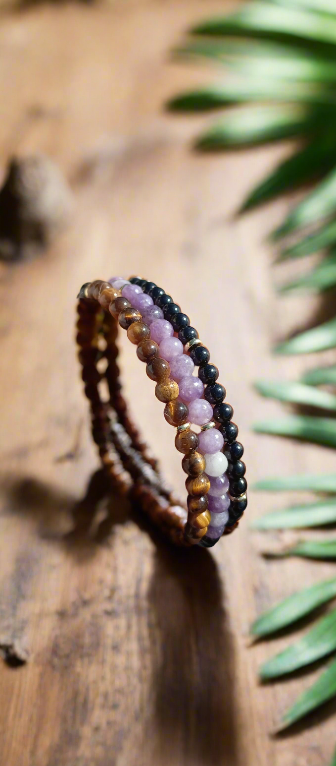 Bracelet triple œil de tigre, lepidolite, tourmaline noire