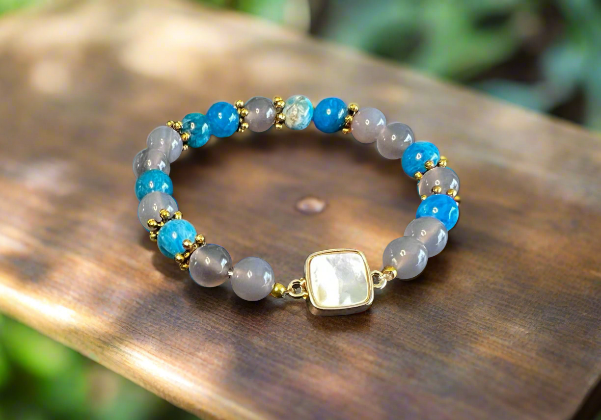 Bracelet agate grise, apatite et nacre