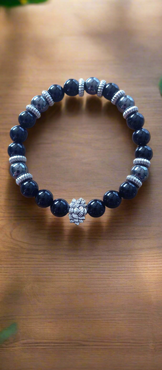 Bracelet obsidienne noire & hématite