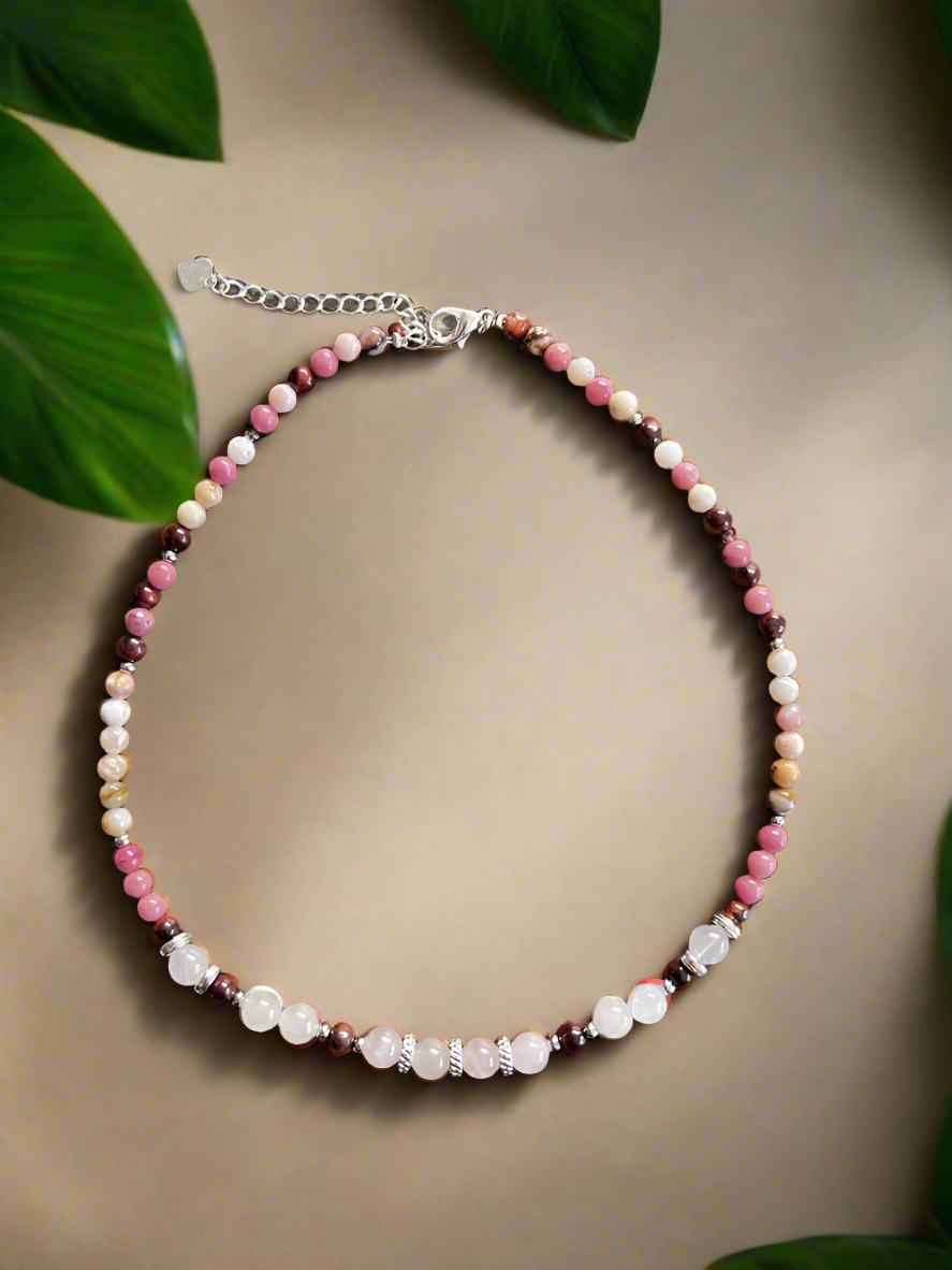 Collier quartz rose, oeil de tigre, opale rose et rhodonite