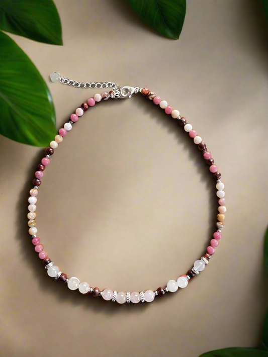 Collier quartz rose, oeil de tigre, opale rose et rhodonite