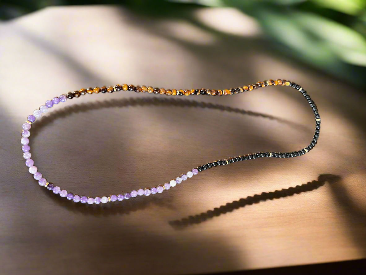 Bracelet triple œil de tigre, lepidolite, tourmaline noire