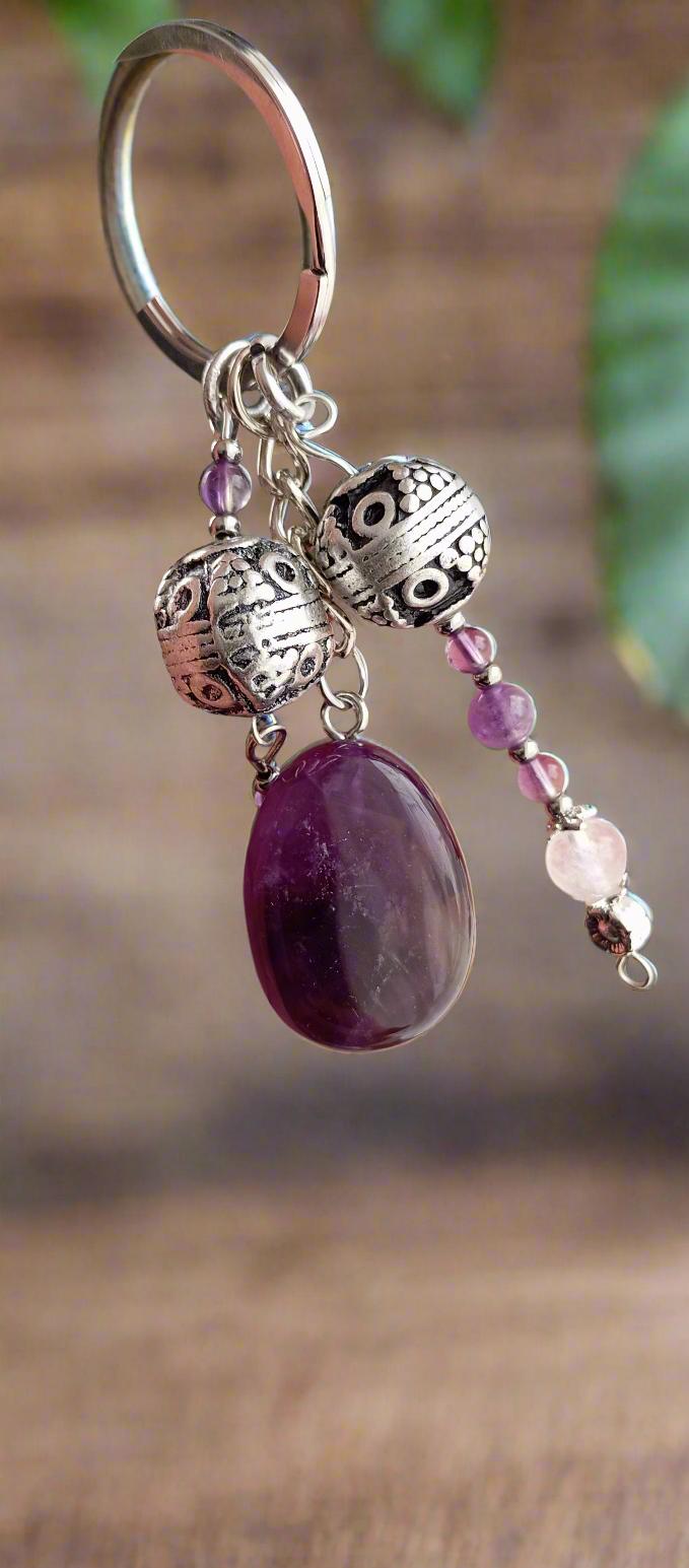 Porte clefs Améthyste & acier inoxydable