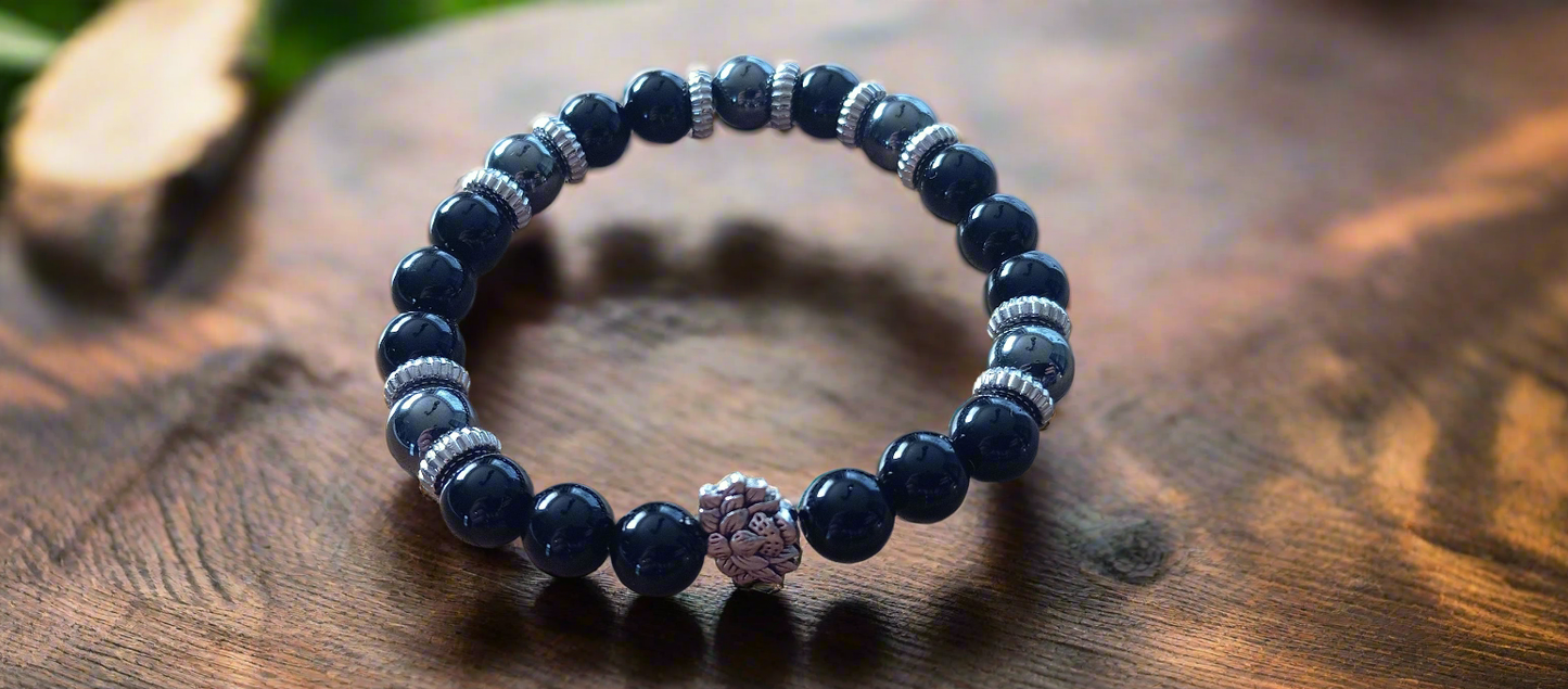 Bracelet obsidienne noire & hématite