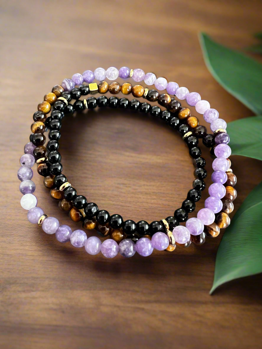 Bracelet triple œil de tigre, lepidolite, tourmaline noire