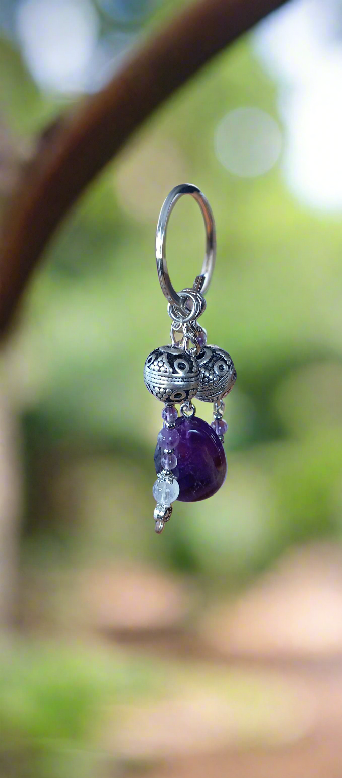 Porte clefs Améthyste & acier inoxydable
