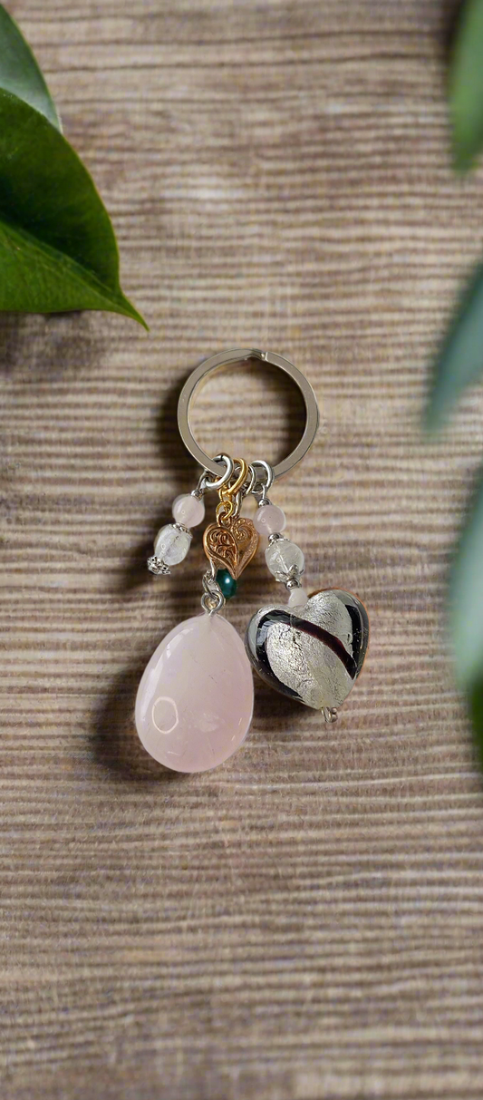 Porte clefs quartz rose & Murano