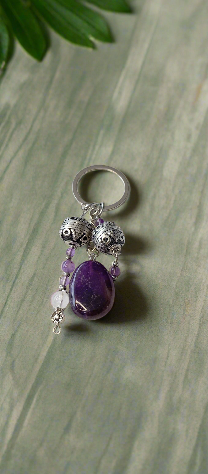 Porte clefs Améthyste & acier inoxydable