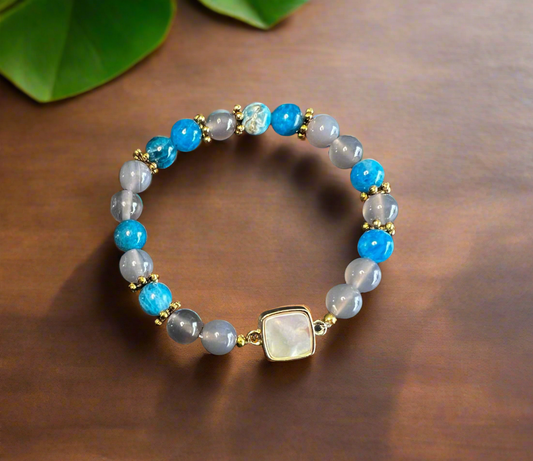 Bracelet agate grise, apatite et nacre