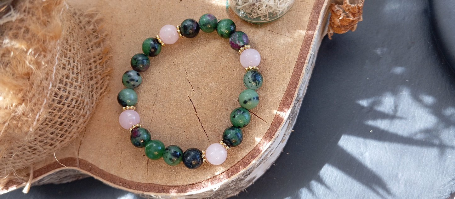Bracelet rubis zoïsite & quartz rose