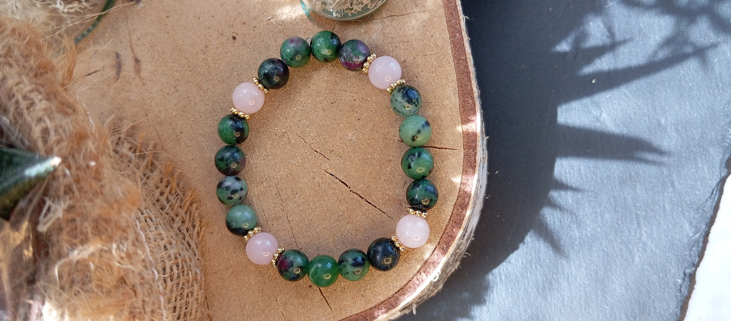 Bracelet rubis zoïsite & quartz rose